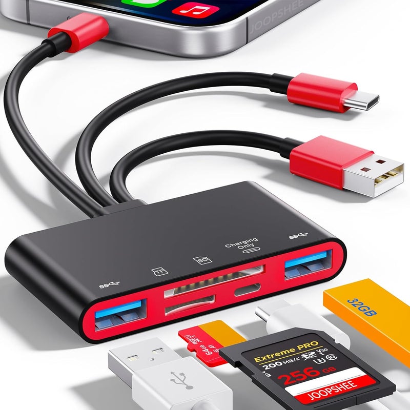 JOOPSHEE قارئ بطاقة الذاكرة 5 في 1، محول USB OTG وقارئ بطاقة SD لجهاز i-Phone/i-Pad، أجهزة USB C و USB A مع فتحات بطاقة Micro SD و SD، يدعم SD/Micro SD/SDHC/SDXC/MMC (أسود أحمر) - Image 1